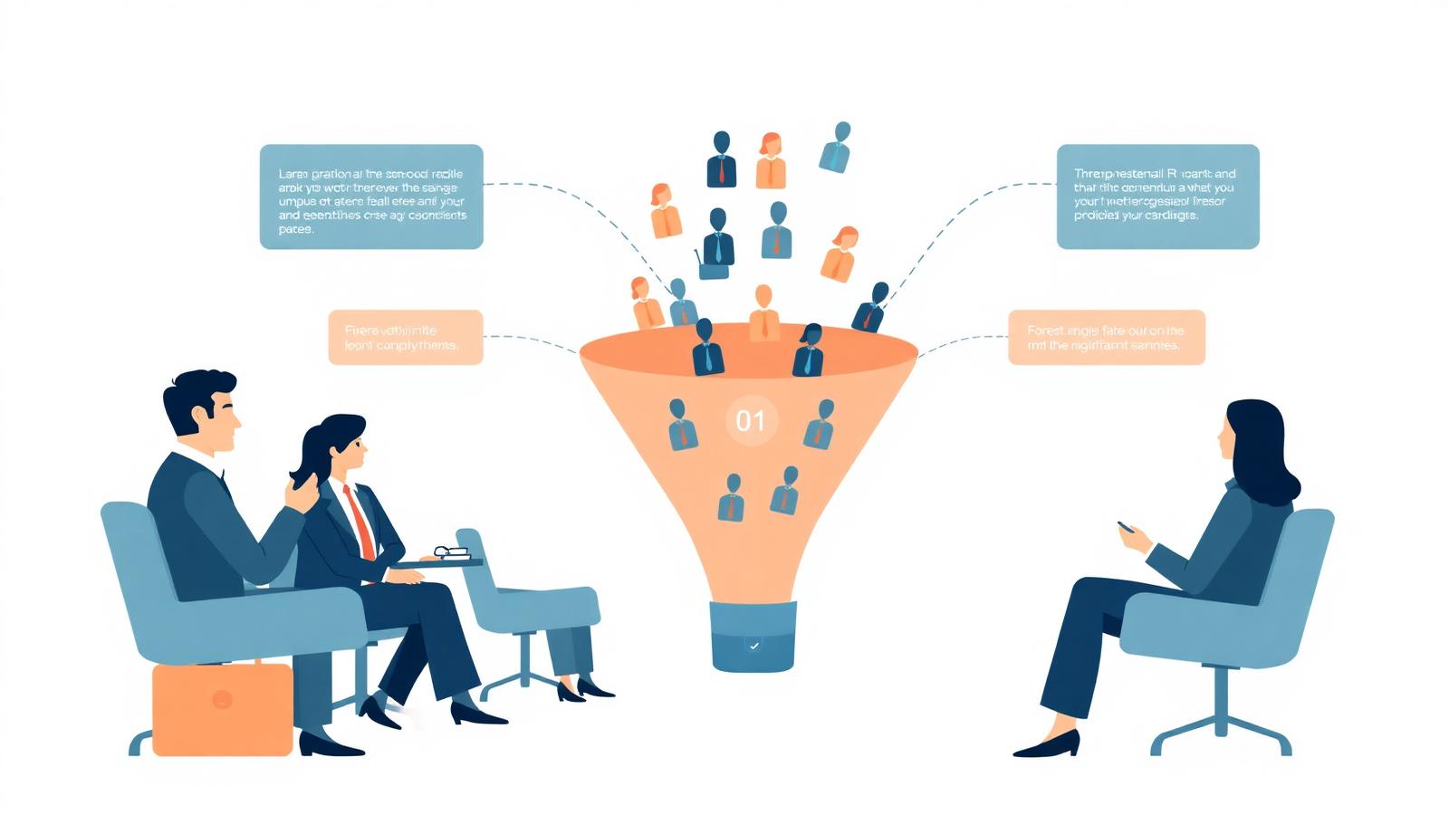 Illustration of a recruitment funnel selecting candidates